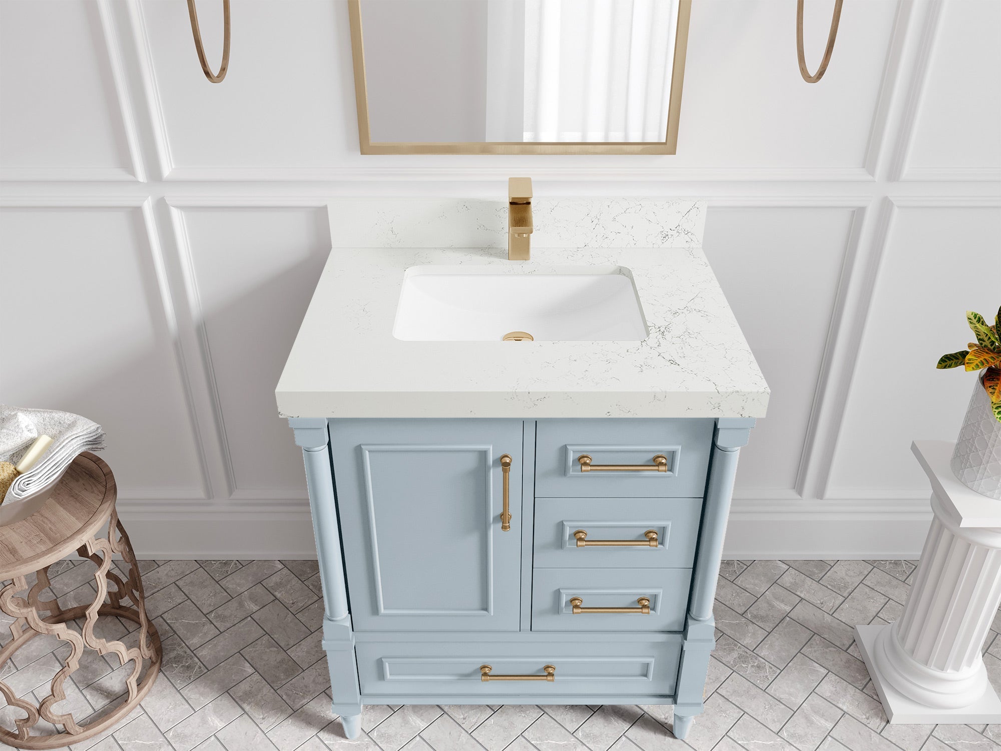 Aberdeen 30-inch Blue Heather single-sink bathroom vanity with Empira White quartz countertop, angled top view