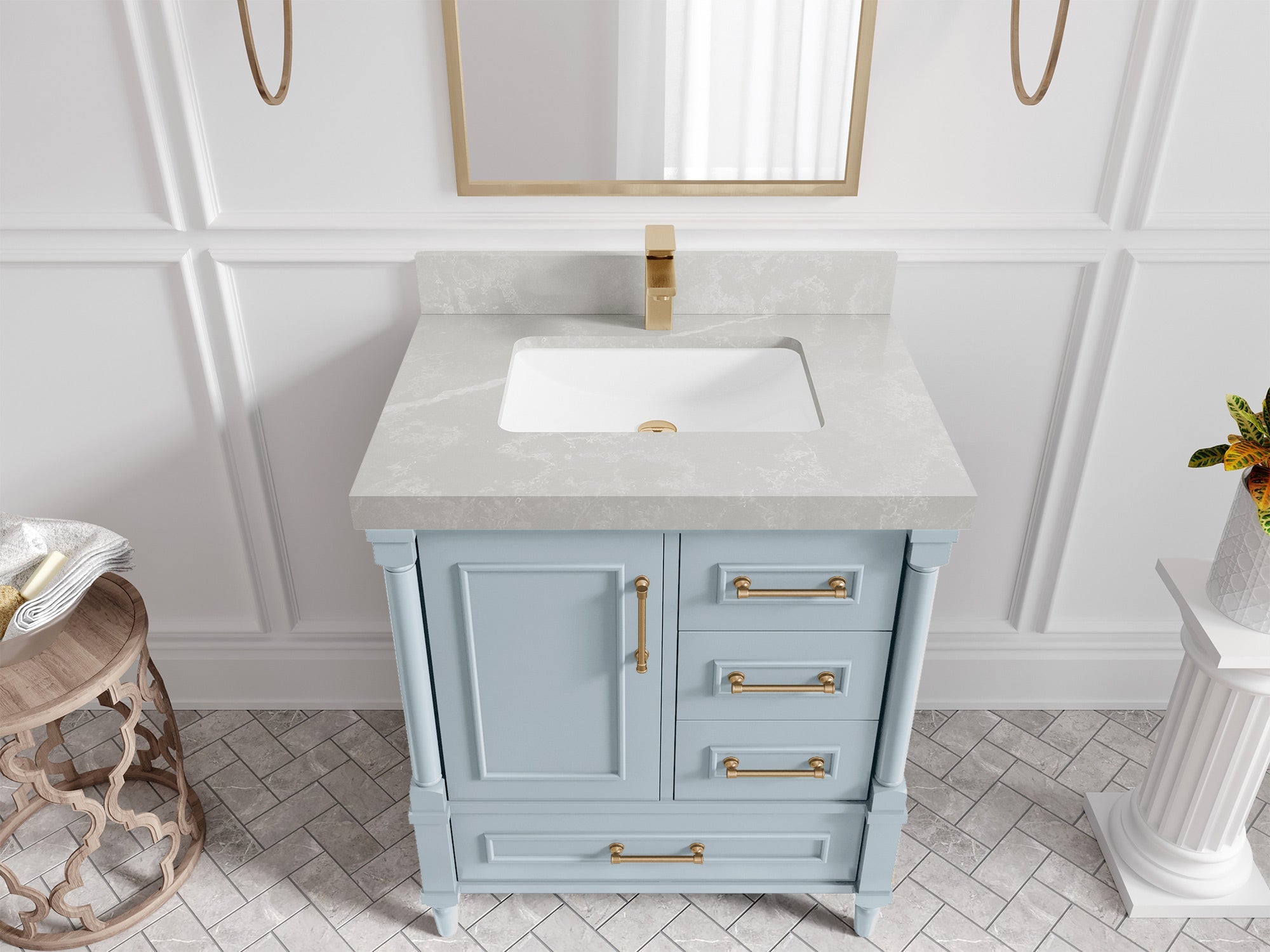Aberdeen 30-inch Blue Heather single-sink bathroom vanity with Pearl Light Gray quartz countertop, angled top view