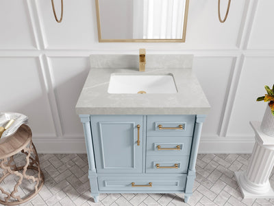 Aberdeen 30-inch Blue Heather single-sink bathroom vanity with Pearl Light Gray quartz countertop, angled top view