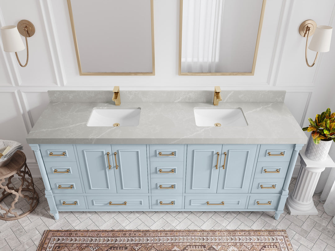 Aberdeen 80 in. W x 22 in. D Double Sink Bathroom Vanity in Blue Heather with 2 in. Pearl Light Gray Quartz Countertop - Top View 