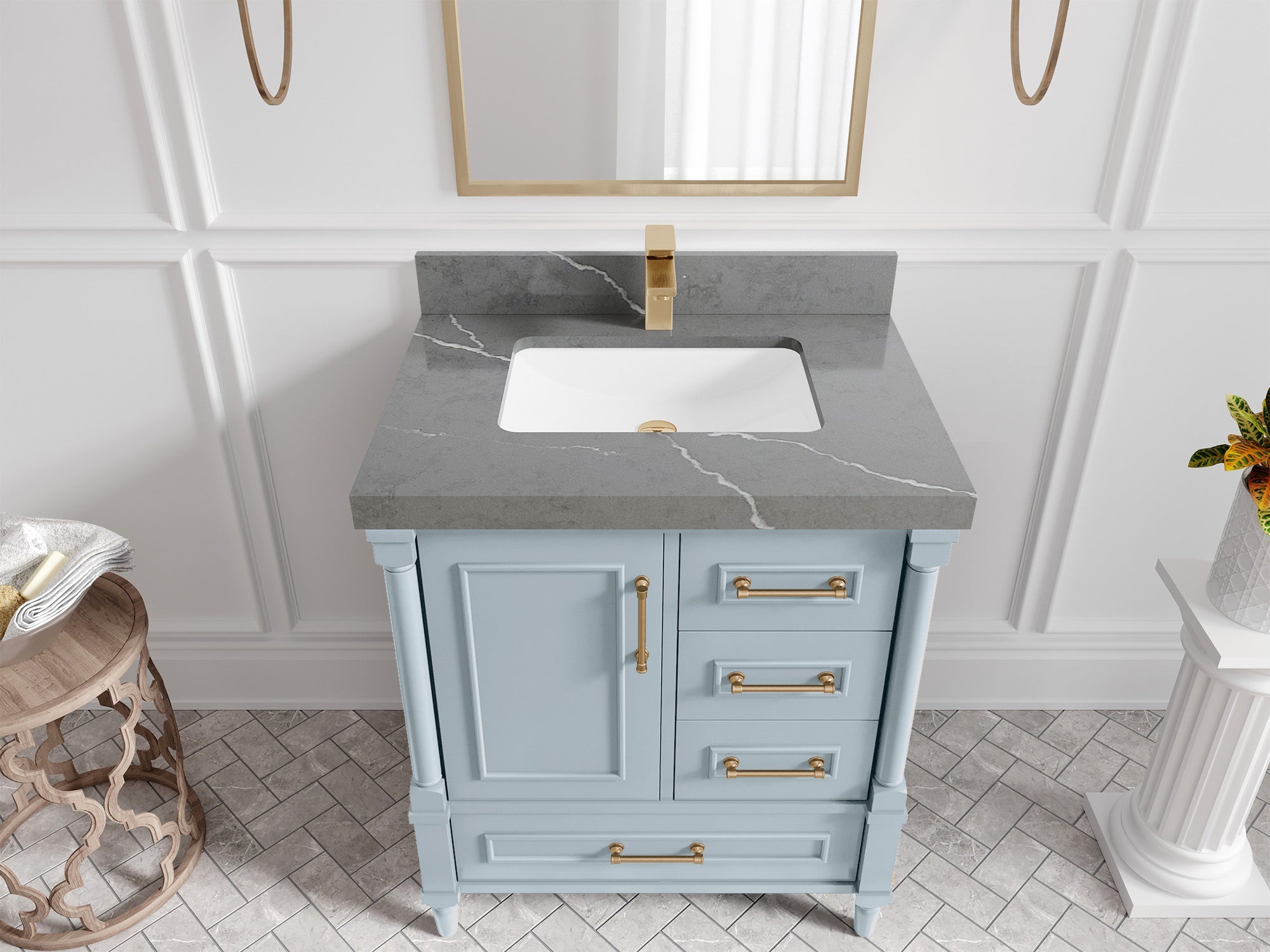 Aberdeen 30-inch Blue Heather single-sink bathroom vanity with Piatra Gray quartz countertop, angled top view