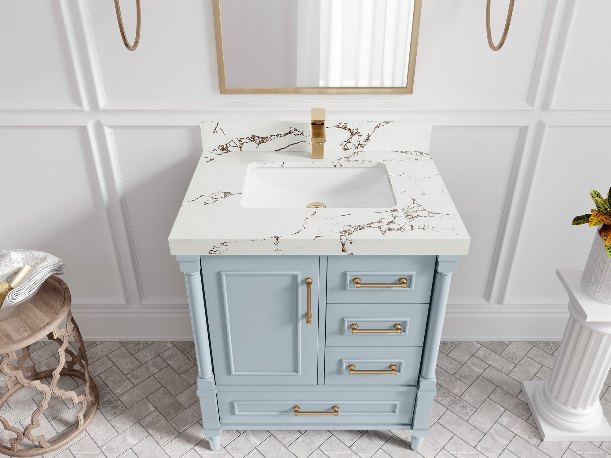 Aberdeen 30-inch Blue Heather single-sink bathroom vanity with Viola Brown quartz countertop, angled top view