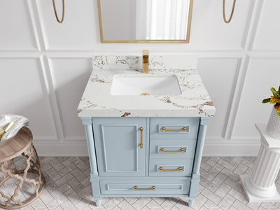 Aberdeen 30-inch Blue Heather single-sink bathroom vanity with Viola Gold quartz countertop, angled top view