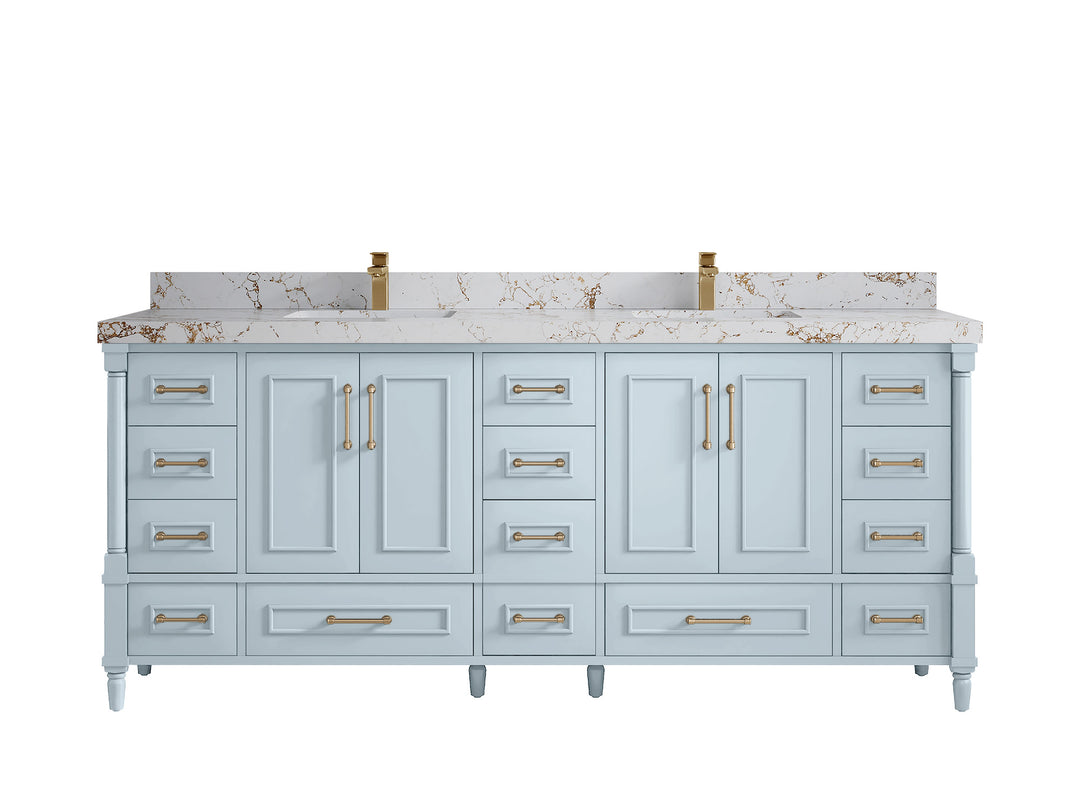 Aberdeen 80 in. W x 22 in. D Double Sink Bathroom Vanity in Blue Heather with 2 in. Viola Gold Quartz Countertop