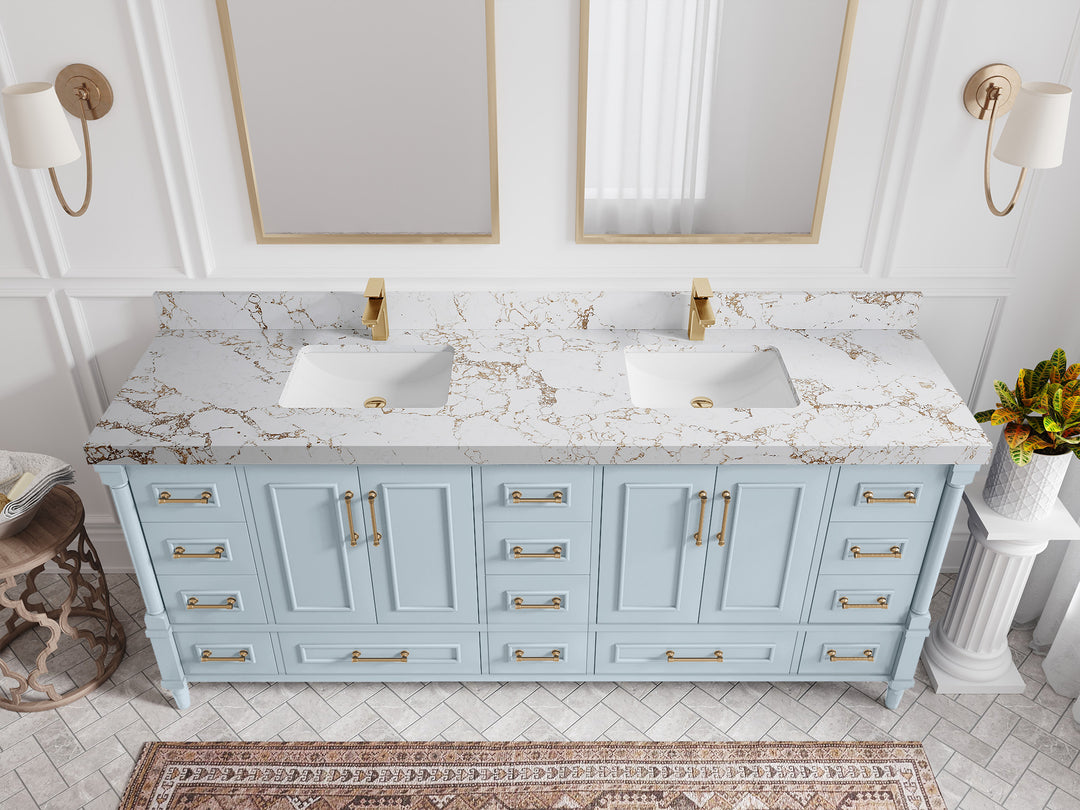 Aberdeen 80 in. W x 22 in. D Double Sink Bathroom Vanity in Blue Heather with 2 in. Viola Gold Quartz Countertop - Top View 