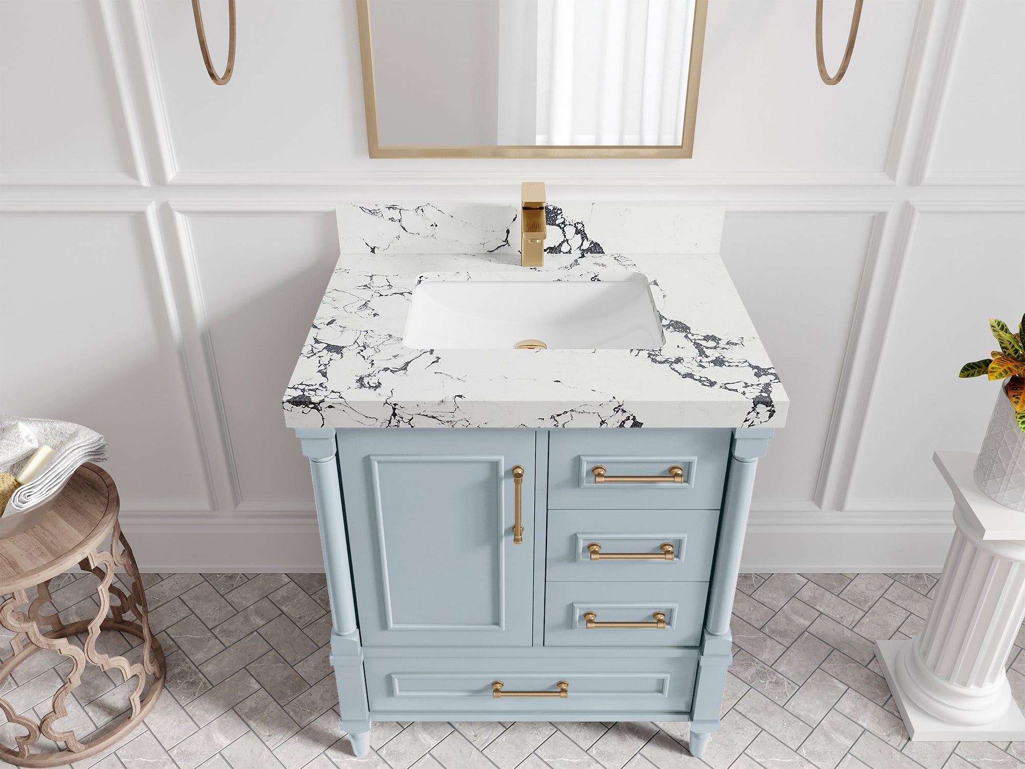Aberdeen 30-inch Blue Heather single-sink bathroom vanity with Viola Night quartz countertop, angled top view