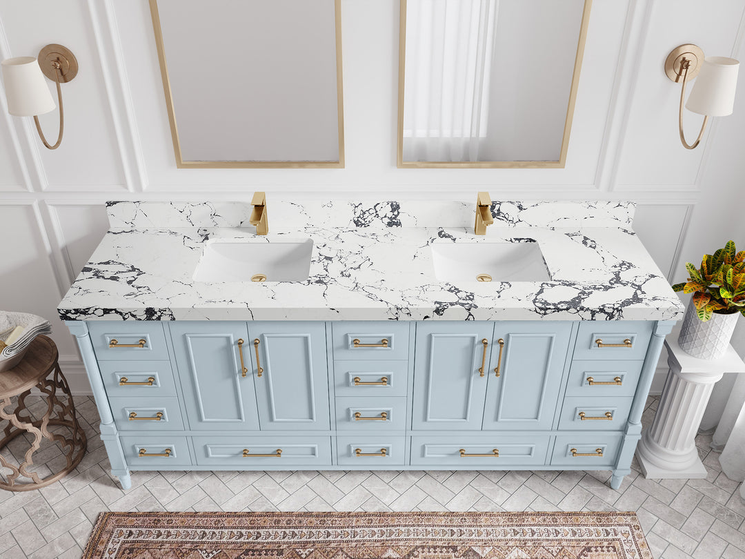 Aberdeen 80 in. W x 22 in. D Double Sink Bathroom Vanity in Blue Heather with 2 in. Viola Night Quartz Countertop - Top View 