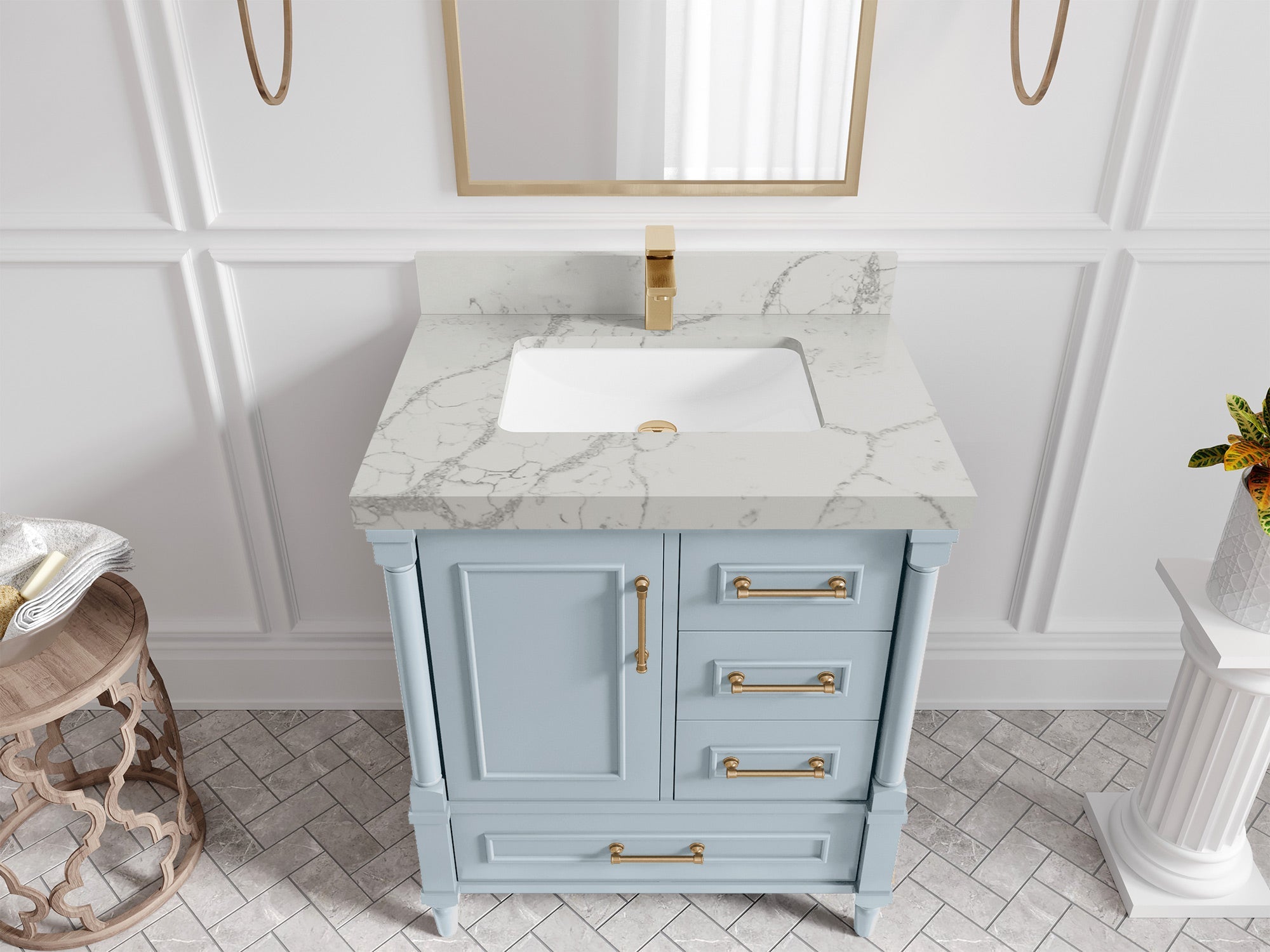 Aberdeen 30-inch Blue Heather single-sink bathroom vanity with Venatino quartz countertop, angled top view