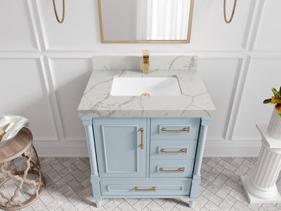 Aberdeen 30-inch Blue Heather single-sink bathroom vanity with Venatino quartz countertop, angled top view