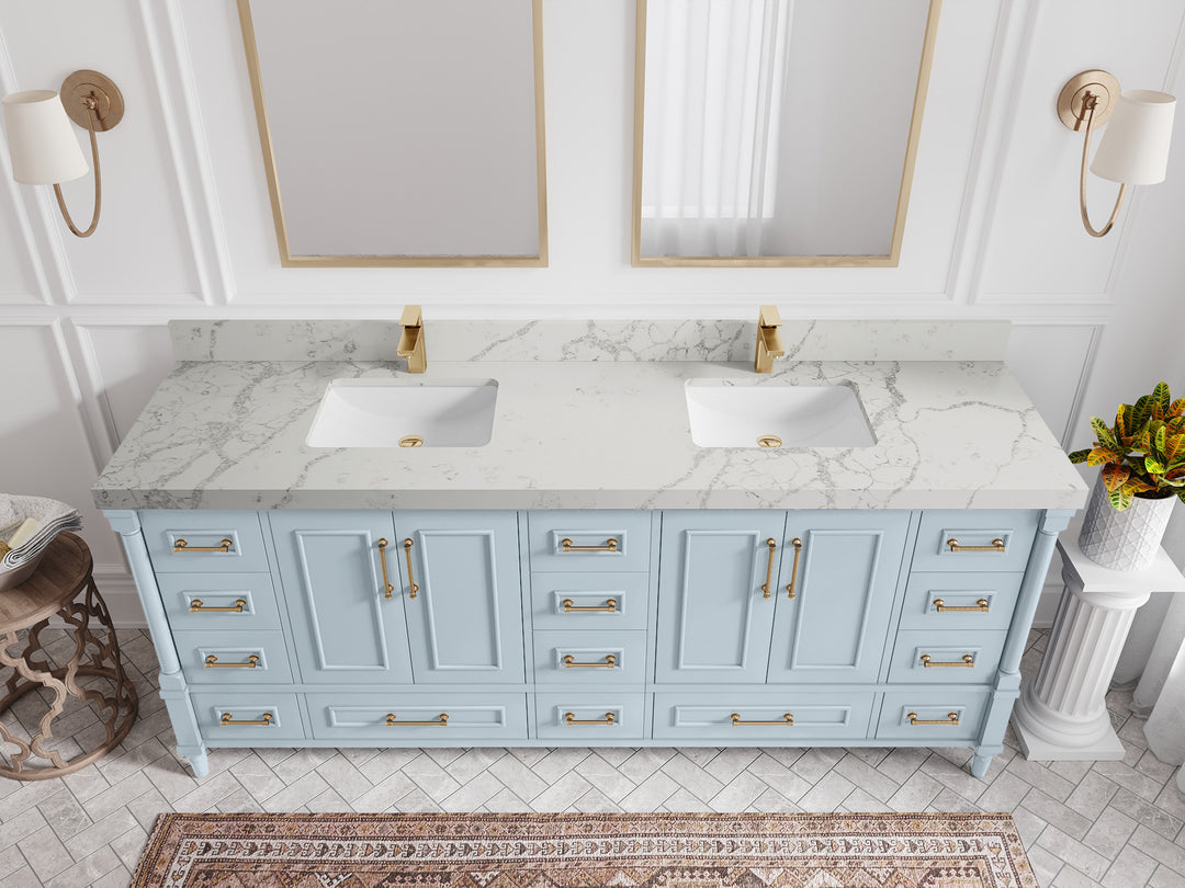 Aberdeen 80 in. W x 22 in. D Double Sink Bathroom Vanity in Blue Heather with 2 in. Venatino Quartz Countertop - Top View 