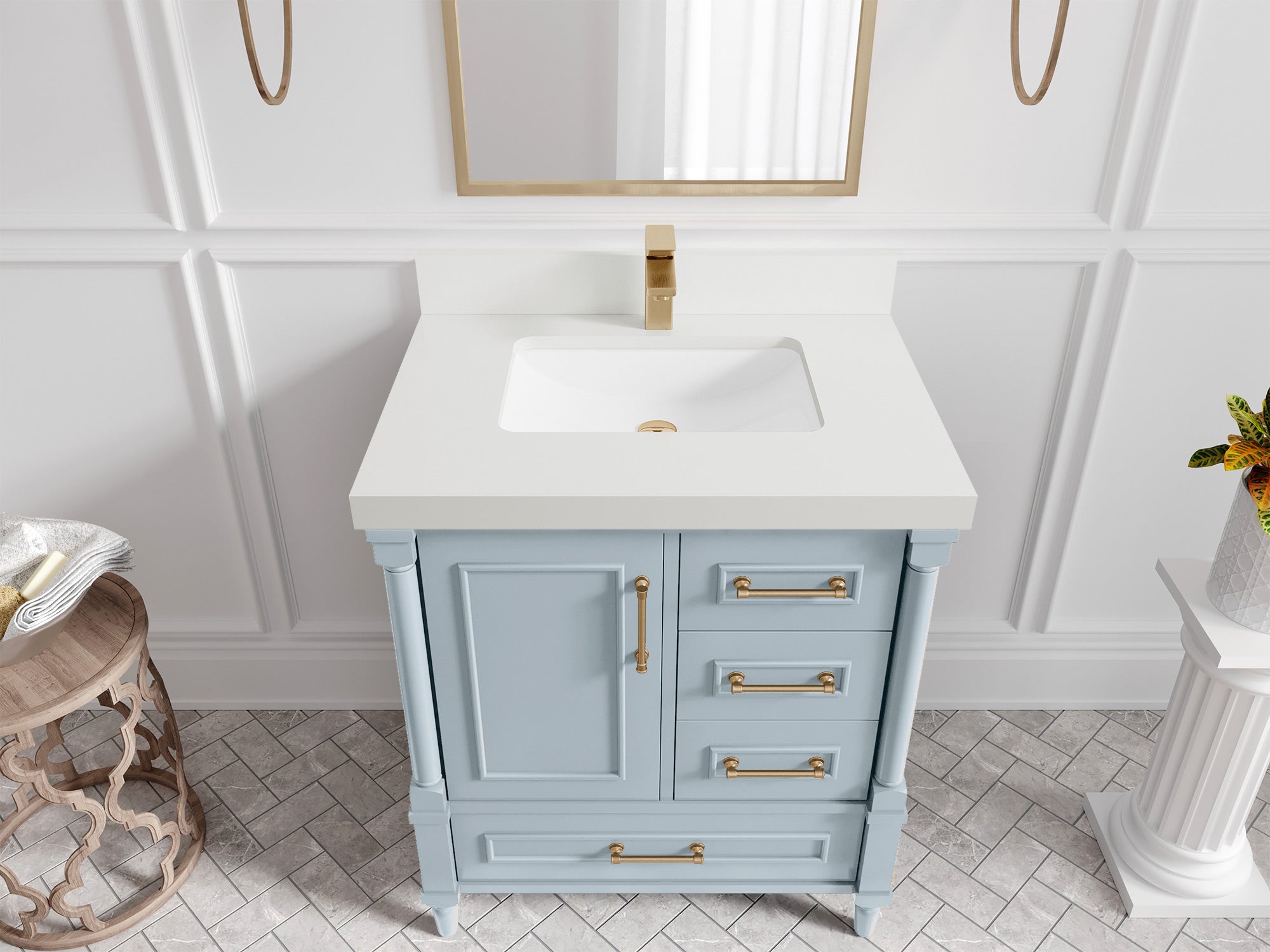 Aberdeen 30-inch Blue Heather single-sink bathroom vanity with White quartz countertop, angled top view