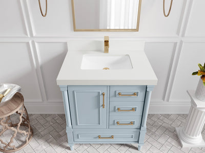 Aberdeen 30-inch Blue Heather single-sink bathroom vanity with White quartz countertop, angled top view