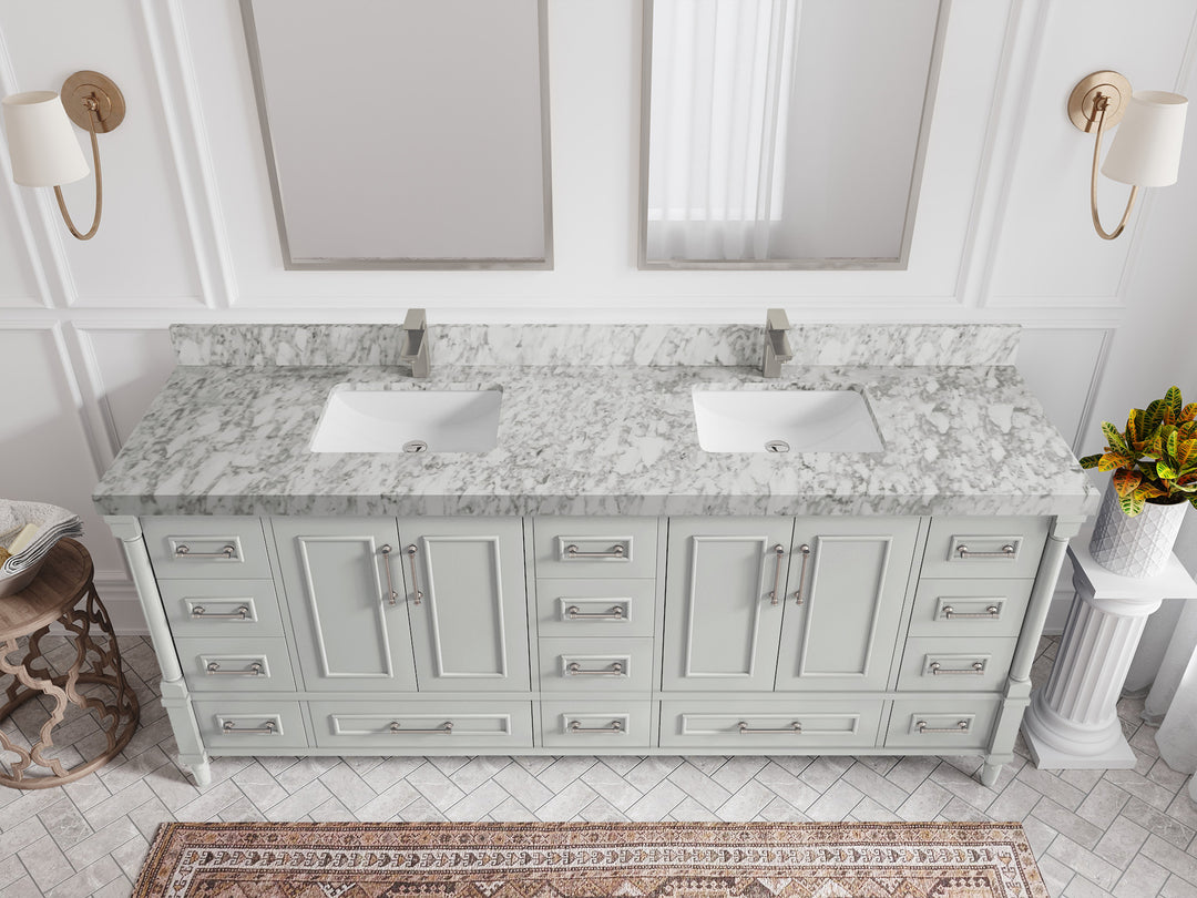 Aberdeen 80 in. W x 22 in. D Double Sink Bathroom Vanity in Coventry Gray with 2 in. Carrara Marble Countertop - Top View 