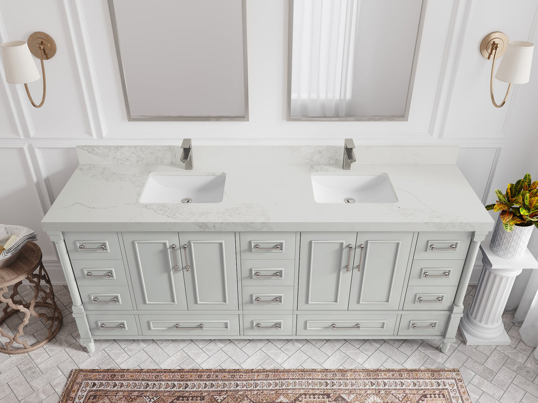 Aberdeen 80 in. W x 22 in. D Double Sink Bathroom Vanity in Coventry Gray with 2 in. Calacatta Nuvo Quartz Countertop - Top View 