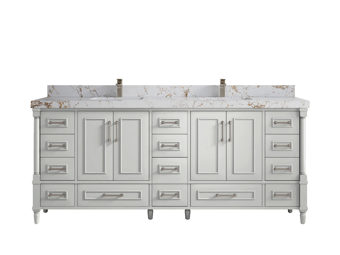 Aberdeen 80 in. W x 22 in. D Double Sink Bathroom Vanity in Coventry Gray with 2 in. Viola Gold Quartz Countertop