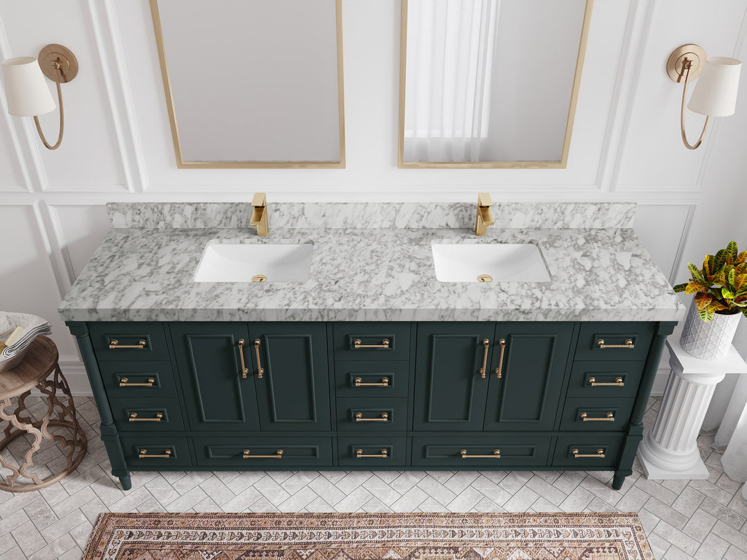 Aberdeen 80 in. W x 22 in. D Double Sink Bathroom Vanity in Dark Forest Green with 2 in. Carrara Marble Countertop - Top View 