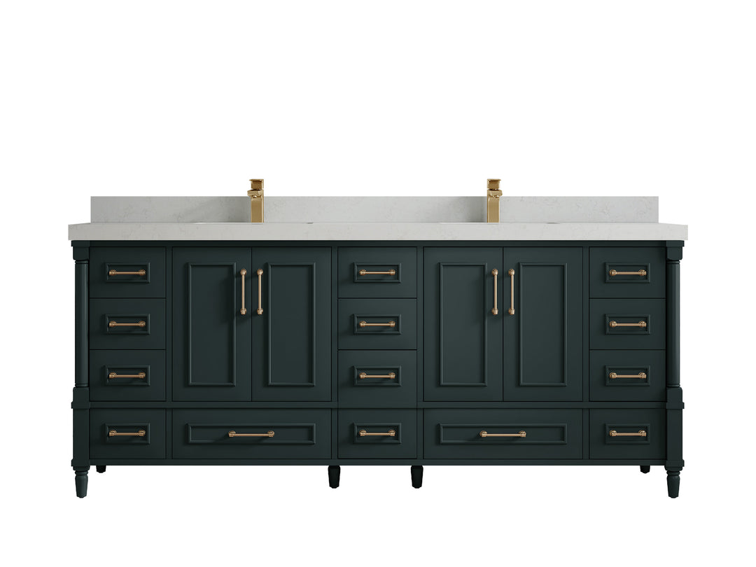 Aberdeen 80 in. W x 22 in. D Double Sink Bathroom Vanity in Dark Forest Green with 2 in. Carrara Quartz Countertop