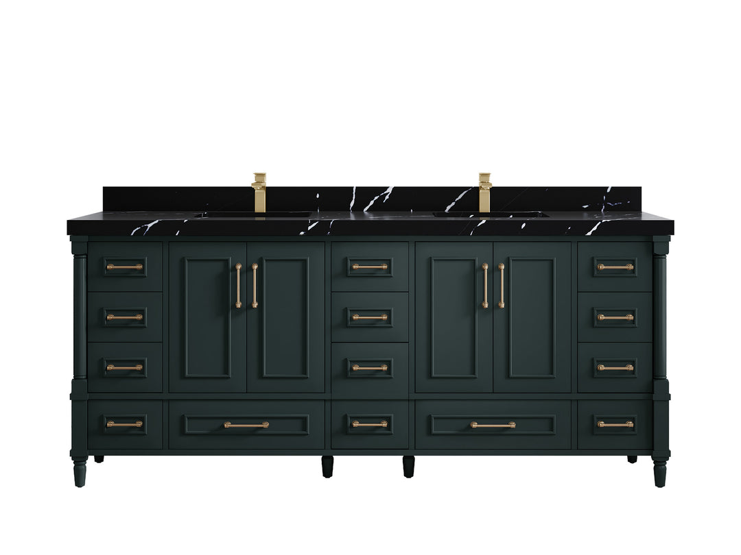 Aberdeen 80 in. W x 22 in. D Double Sink Bathroom Vanity in Dark Forest Green with 2 in. Calacatta Black Quartz Countertop