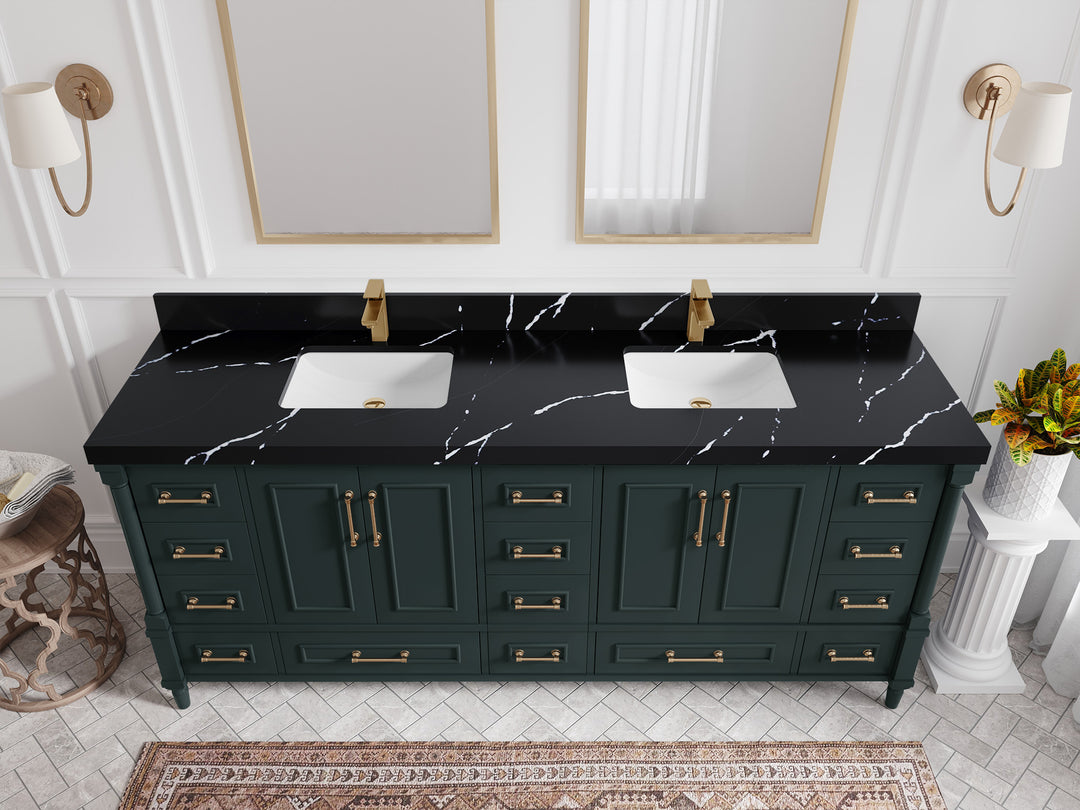 Aberdeen 80 in. W x 22 in. D Double Sink Bathroom Vanity in Dark Forest Green with 2 in. Calacatta Black Quartz Countertop - Top View