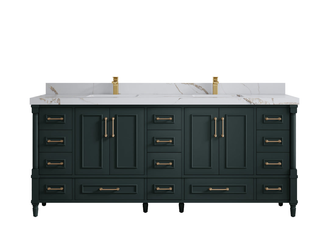 Aberdeen 80 in. W x 22 in. D Double Sink Bathroom Vanity in Dark Forest Green with 2 in. Calacatta Gold Quartz Countertop
