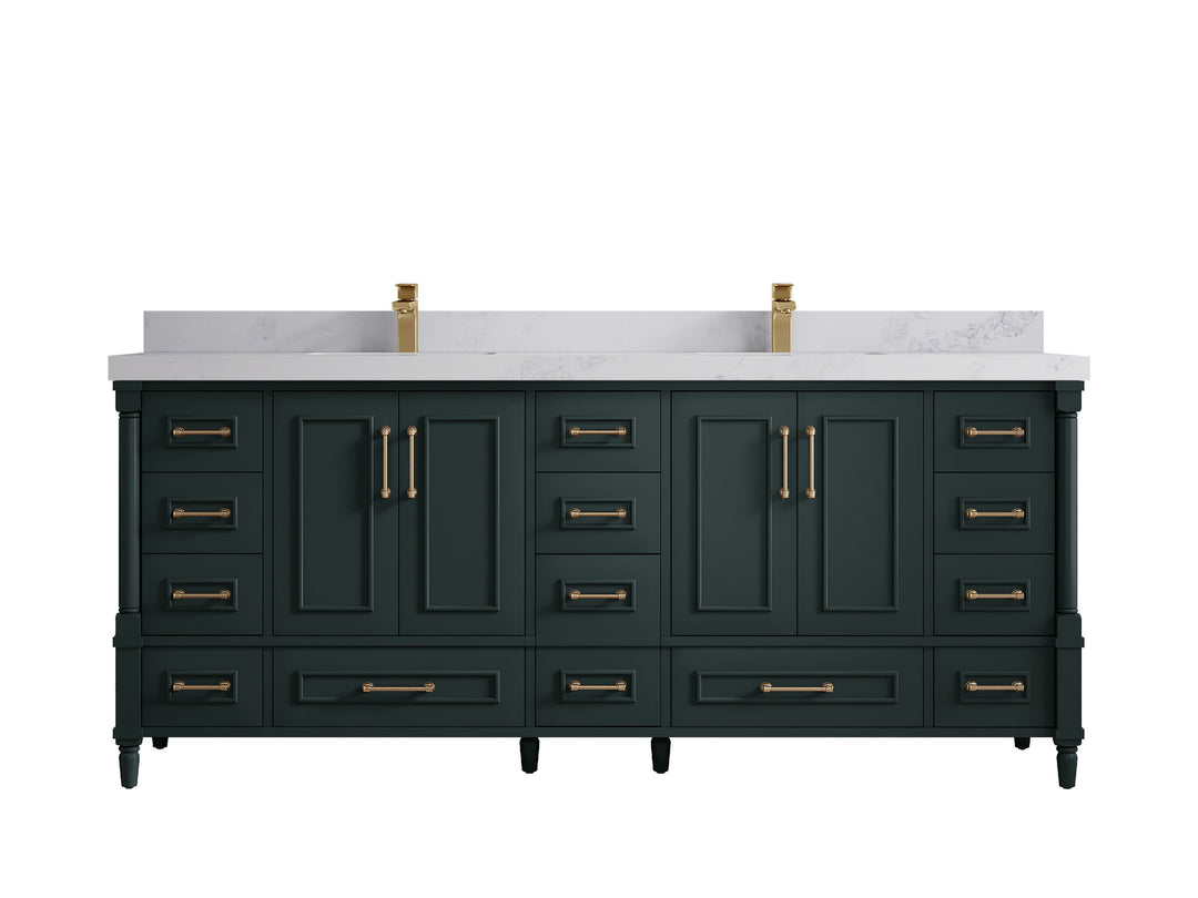Aberdeen 80 in. W x 22 in. D Double Sink Bathroom Vanity in Dark Forest Green with 2 in. Calacatta Nuvo Quartz Countertop