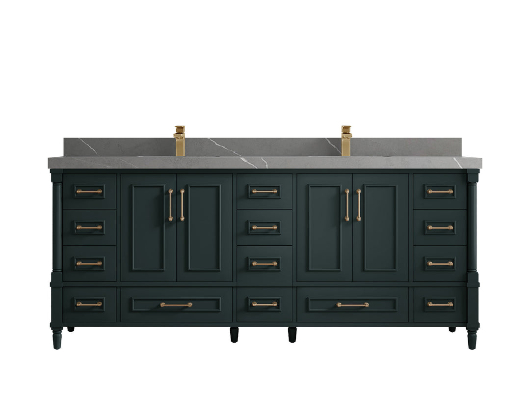 Aberdeen 80 in. W x 22 in. D Double Sink Bathroom Vanity in Dark Forest Green with 2 in. Piatra Gray Quartz Countertop
