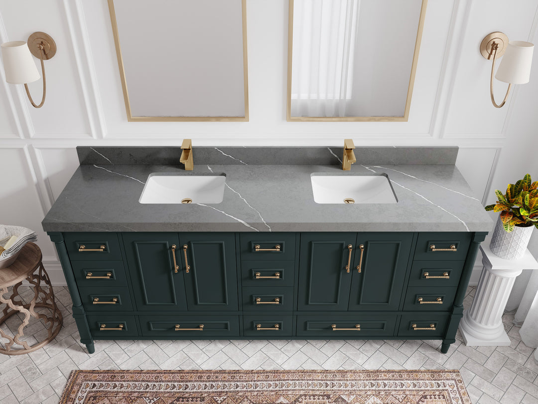 Aberdeen 80 in. W x 22 in. D Double Sink Bathroom Vanity in Dark Forest Green with 2 in. Piatra Gray Quartz Countertop - Top View 