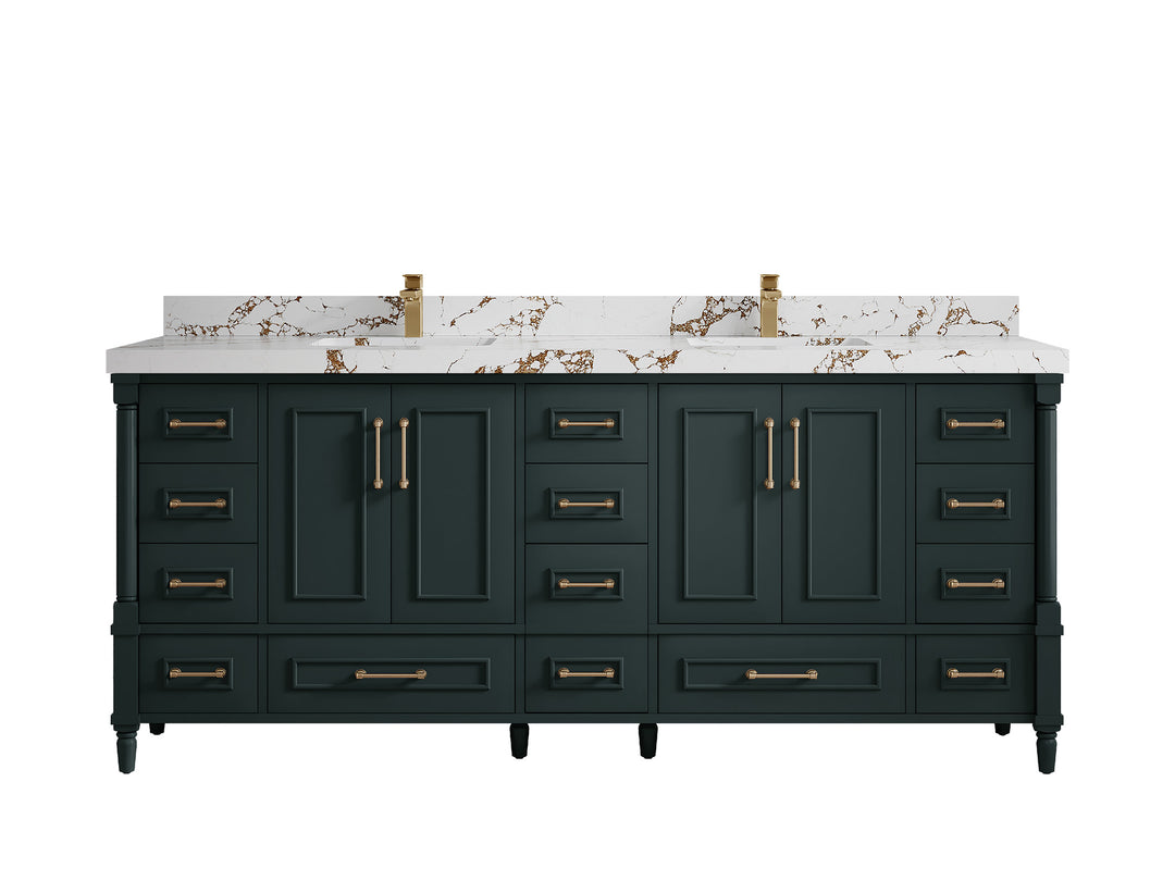 Aberdeen 80 in. W x 22 in. D Double Sink Bathroom Vanity in Dark Forest Green with 2 in. Viola Brown Quartz Countertop