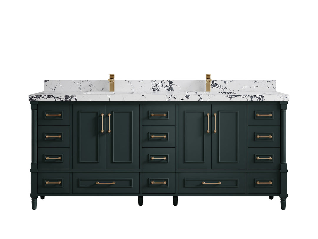 Aberdeen 80 in. W x 22 in. D Double Sink Bathroom Vanity in Dark Forest Green with 2 in. Viola Night Quartz Countertop