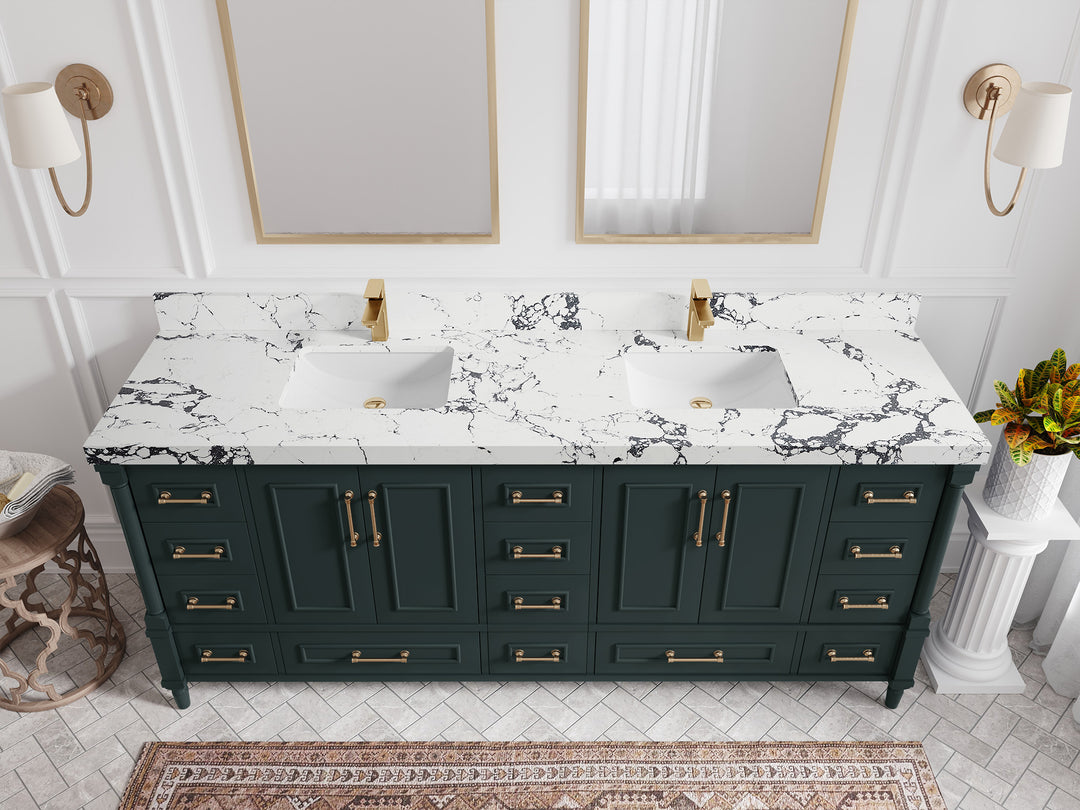 Aberdeen 80 in. W x 22 in. D Double Sink Bathroom Vanity in Dark Forest Green with 2 in. Viola Night Quartz Countertop - Top View 