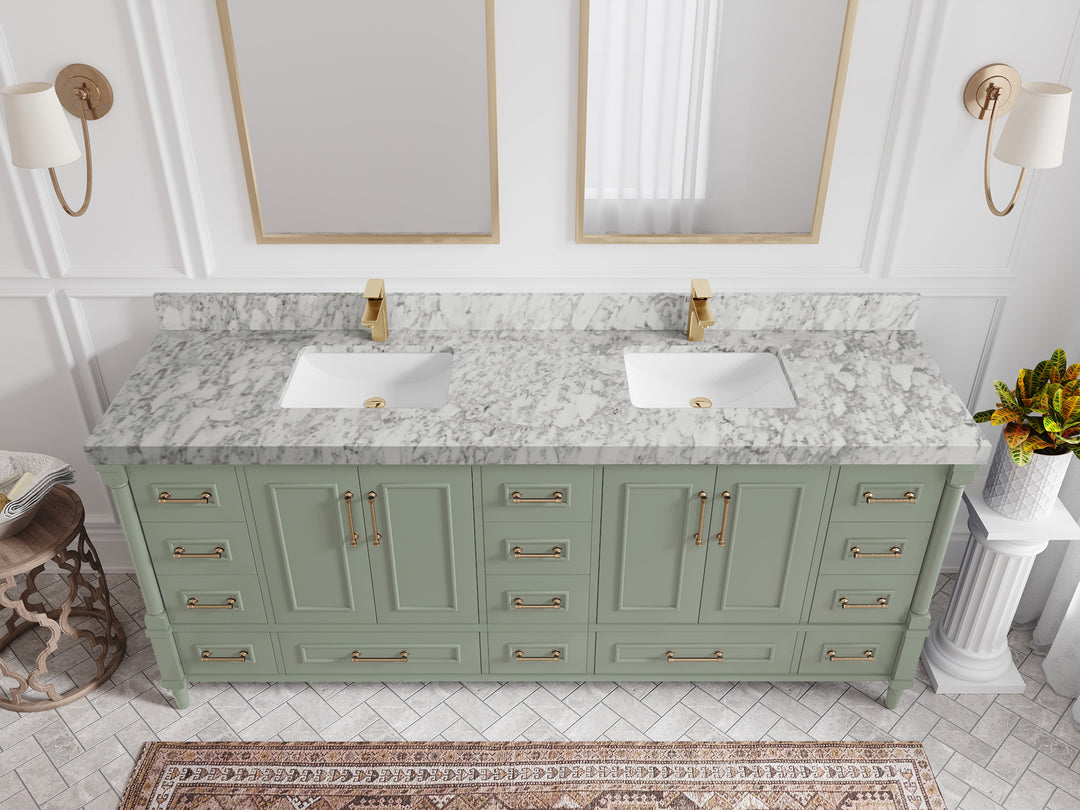 Aberdeen 80 in. W x 22 in. D Double Sink Bathroom Vanity in Evergreen with 2 in. Carrara Marble Countertop - Top View 