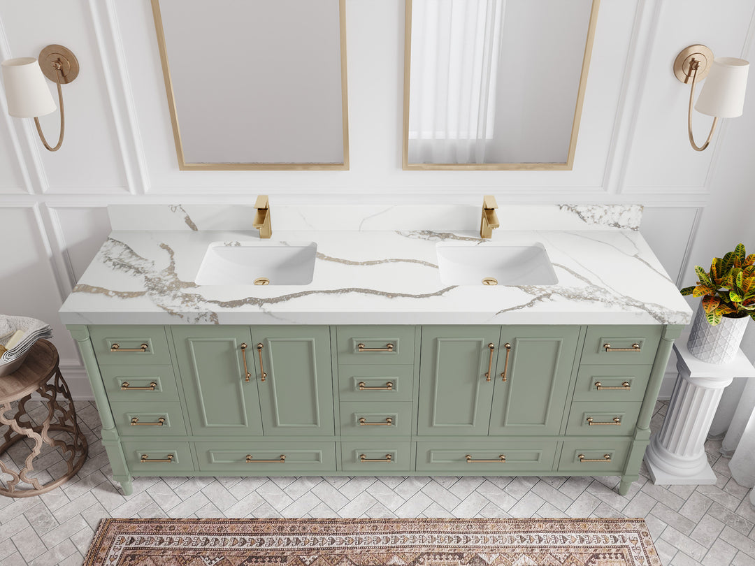 Aberdeen 80 in. W x 22 in. D Double Sink Bathroom Vanity in Evergreen with 2 in. Calacatta Gold Quartz Countertop - Top View 