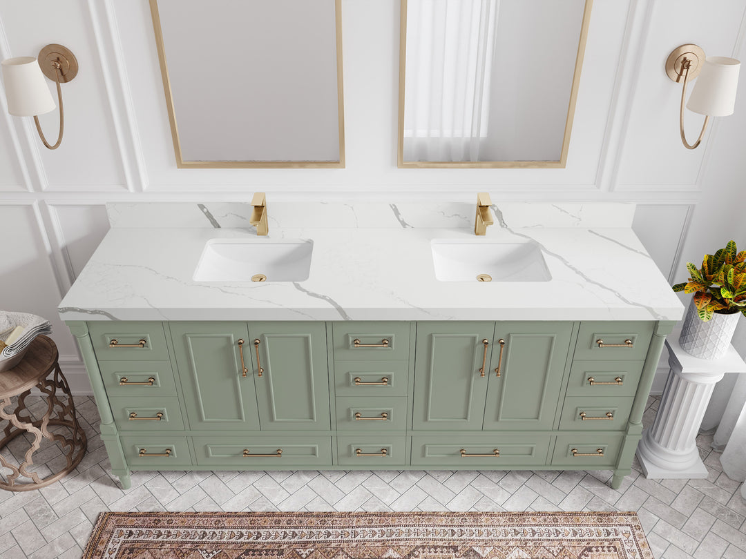 Aberdeen 80 in. W x 22 in. D Double Sink Bathroom Vanity in Evergreen with 2 in. Calacatta Laza Quartz Countertop - Top View 