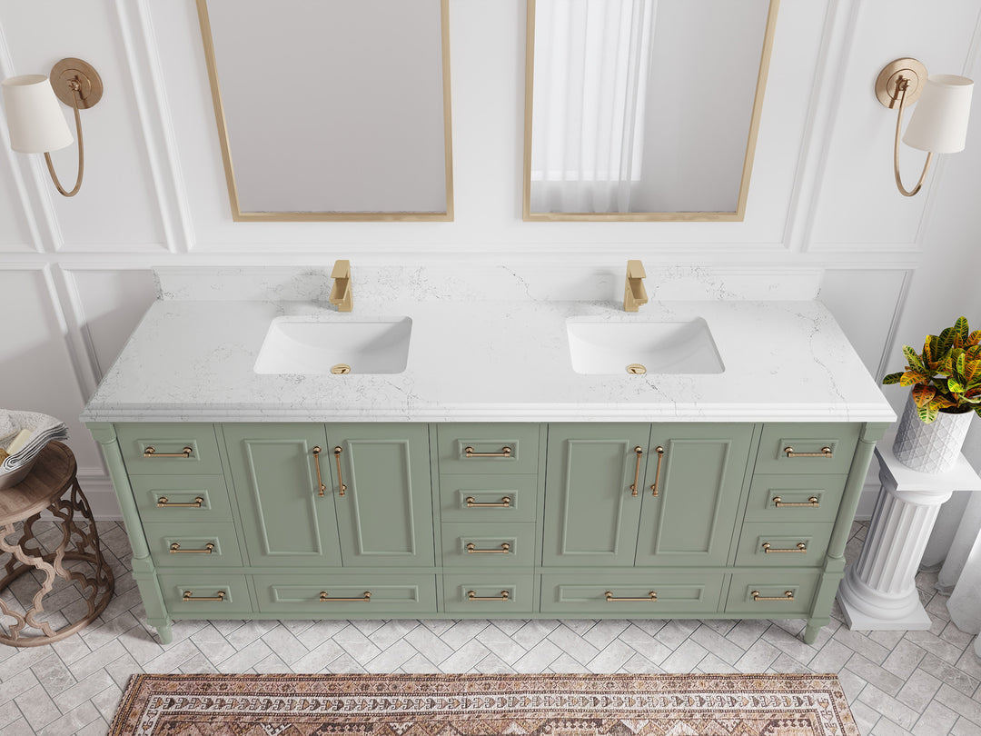Aberdeen 80 in. W x 22 in. D Double Sink Bathroom Vanity in Evergreen with Double Cove Edge 1.5 in White Quartz Countertop - Top View 