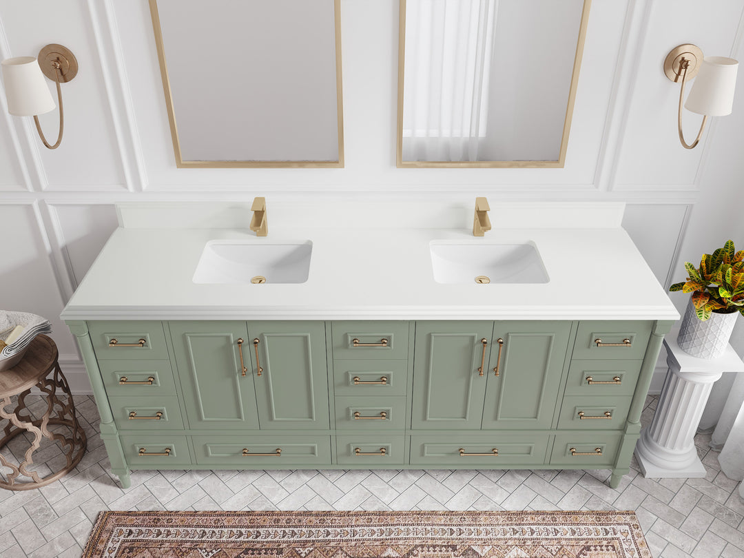 Aberdeen 80 in. W x 22 in. D Double Sink Bathroom Vanity in Evergreen with Double Cove Edge 1.5 in Empira White Quartz Countertop - Top View 
