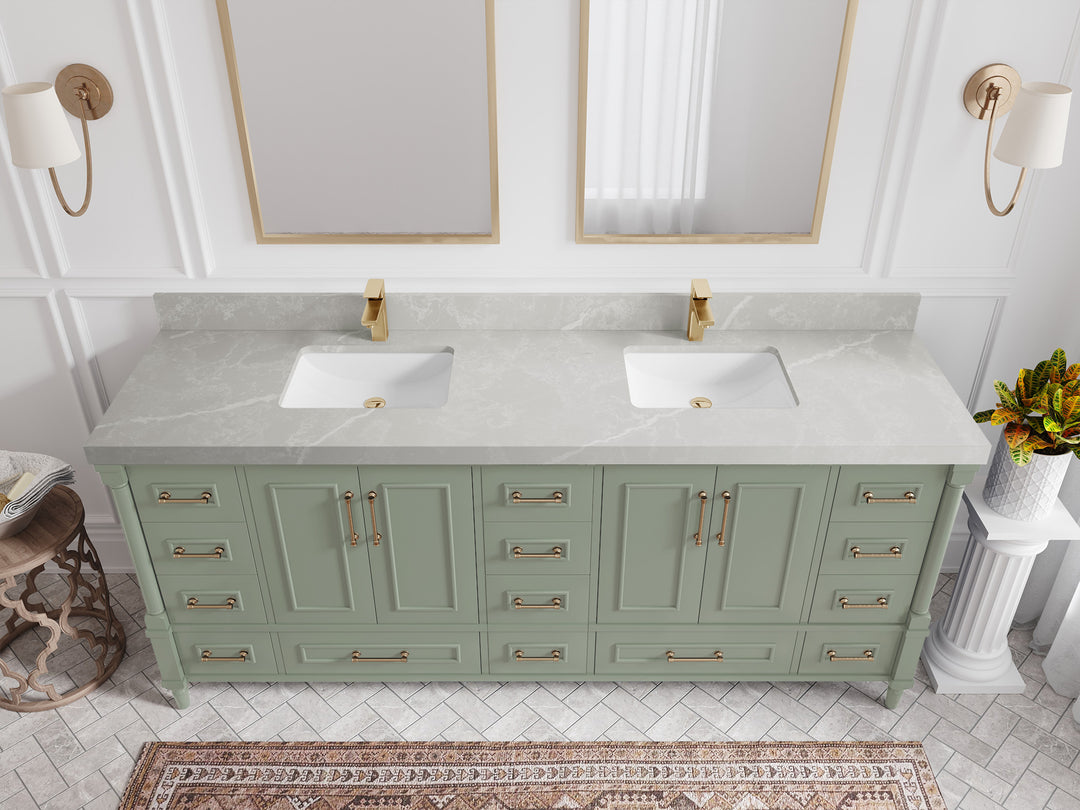 Aberdeen 80 in. W x 22 in. D Double Sink Bathroom Vanity in Evergreen with 2 in. Pearl Light Gray Quartz Countertop - Top View 