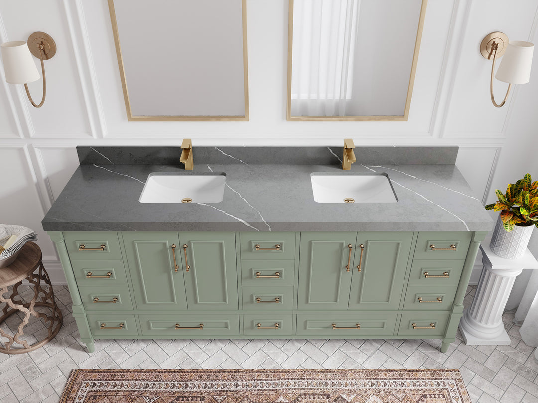 Aberdeen 80 in. W x 22 in. D Double Sink Bathroom Vanity in Evergreen with 2 in. Piatra Gray Quartz Countertop - Top View 