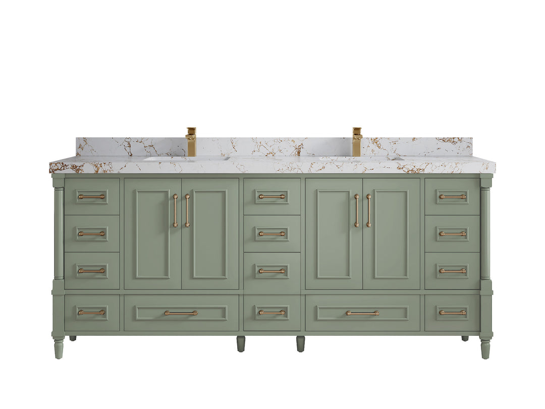 Aberdeen 80 in. W x 22 in. D Double Sink Bathroom Vanity in Evergreen with 2 in. Viola Gold Quartz Countertop