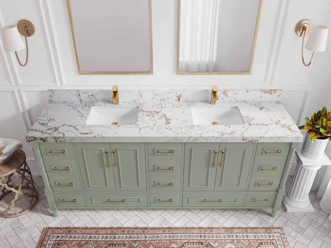 Aberdeen 80 in. W x 22 in. D Double Sink Bathroom Vanity in Evergreen with 2 in. Viola Gold Quartz Countertop - Top View 