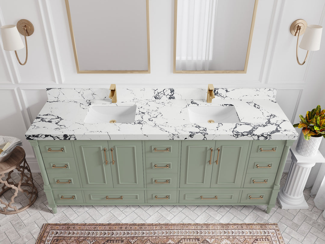 Aberdeen 80 in. W x 22 in. D Double Sink Bathroom Vanity in Evergreen with 2 in. Viola Night Quartz Countertop - Top View 