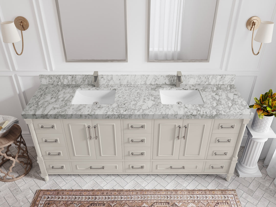 Aberdeen 80 in. W x 22 in. D Double Sink Bathroom Vanity in Fine Grain with 2 in. Carrara Marble Countertop - Top View 
