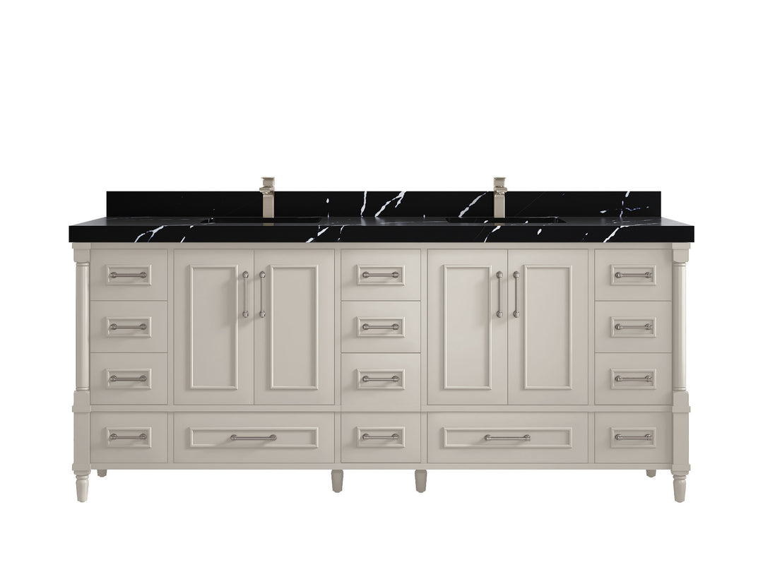 Aberdeen 80 in. W x 22 in. D Double Sink Bathroom Vanity in Fine Grain with 2 in. Calacatta Black Quartz Countertop