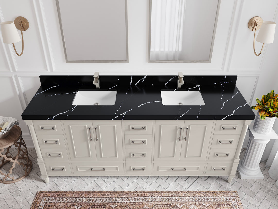 Aberdeen 80 in. W x 22 in. D Double Sink Bathroom Vanity in Fine Grain with 2 in. Calacatta Black Quartz Countertop - Top View