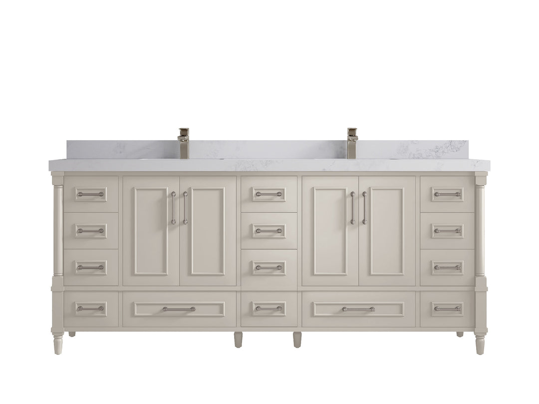 Aberdeen 80 in. W x 22 in. D Double Sink Bathroom Vanity in Fine Grain with 2 in. Calacatta Nuvo Quartz Countertop