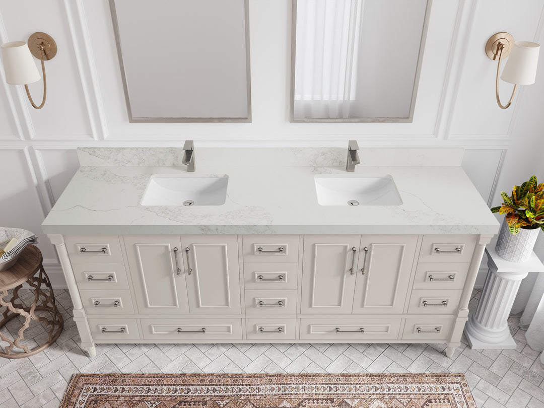 Aberdeen 80 in. W x 22 in. D Double Sink Bathroom Vanity in Fine Grain with 2 in. Calacatta Nuvo Quartz Countertop - Top View 