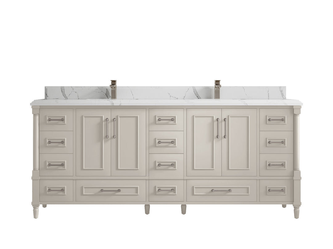 Aberdeen 80 in. W x 22 in. D Double Sink Bathroom Vanity in Fine Grain with Double Cove Edge 1.5 in Calacatta Laza Quartz Countertop