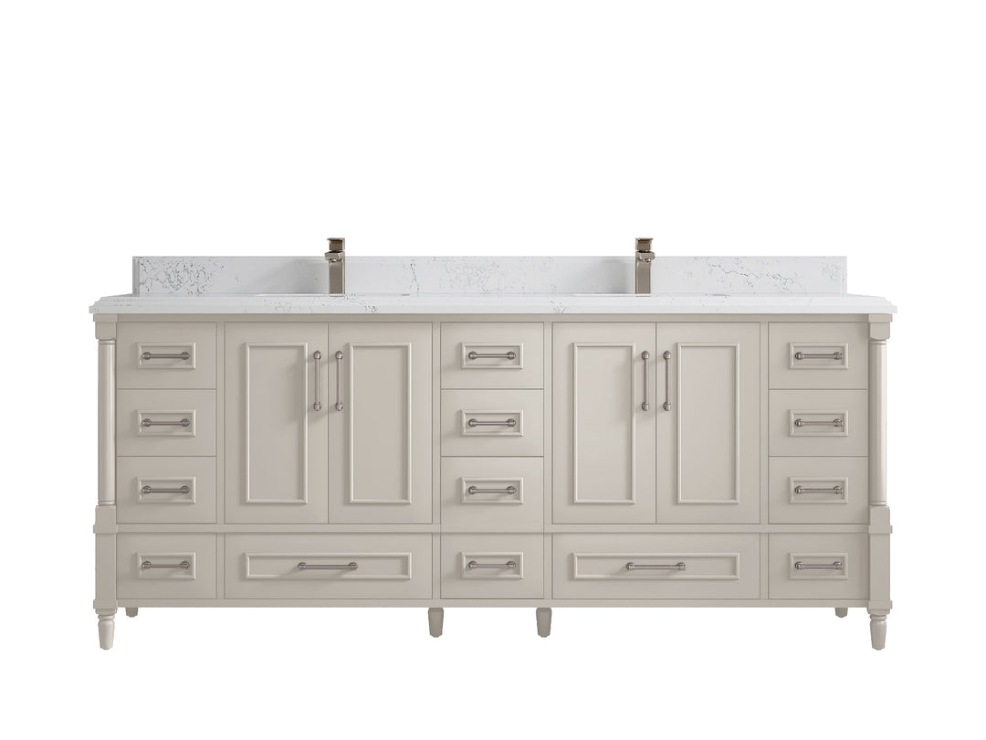 Aberdeen 80 in. W x 22 in. D Double Sink Bathroom Vanity in Fine Grain with Double Cove Edge 1.5 in Empira White Quartz Countertop