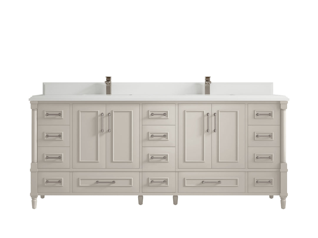 Aberdeen 80 in. W x 22 in. D Double Sink Bathroom Vanity in Fine Grain with Double Cove Edge 1.5 in White Quartz Countertop