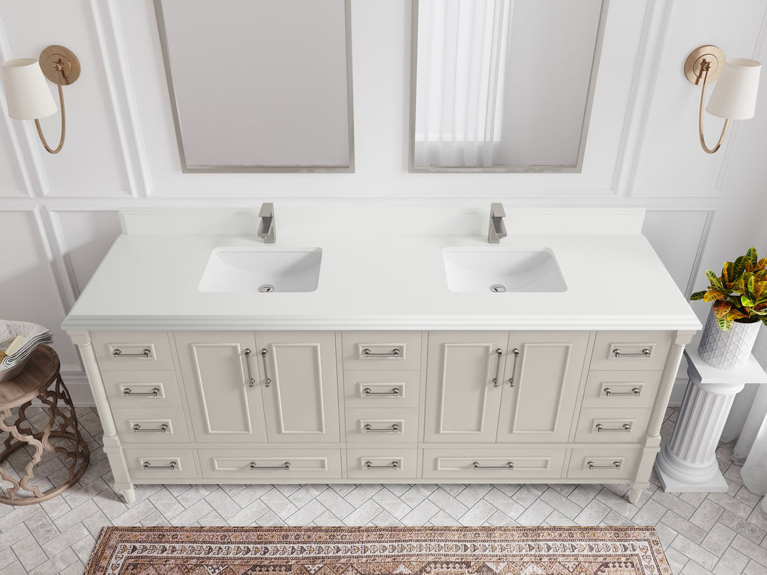 Aberdeen 80 in. W x 22 in. D Double Sink Bathroom Vanity in Fine Grain with Double Cove Edge 1.5 in White Quartz Countertop - Top View 