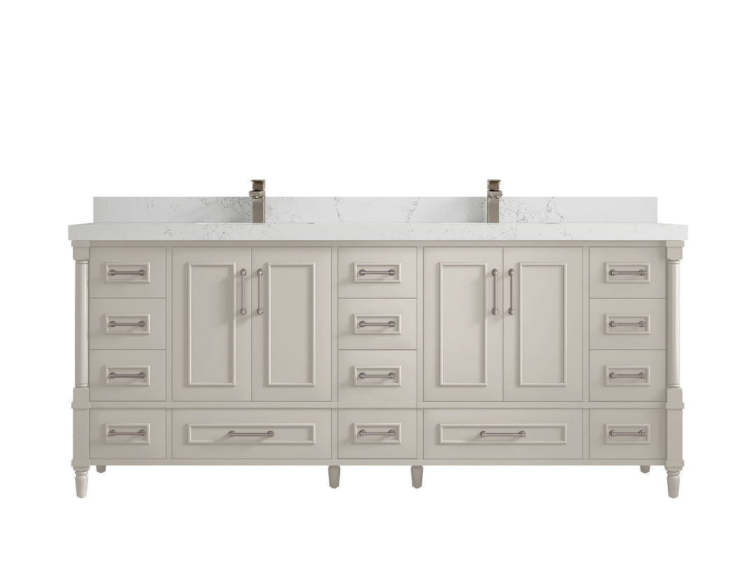 Aberdeen 80 in. W x 22 in. D Double Sink Bathroom Vanity in Fine Grain with 2 in. Empira White Quartz Countertop